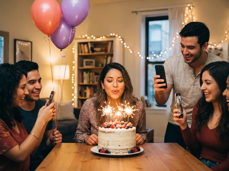 Una mujer sopla las bengalas de su pastel de cumpleaños mientras sus amigos la graban