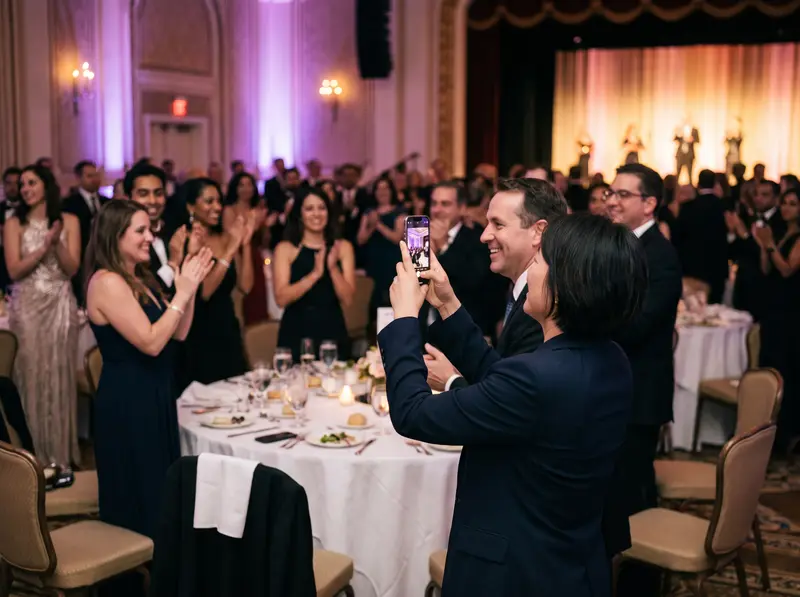 Unos compañeros aplauden en una cena de gala mientras una de ellas fotografía el escenario