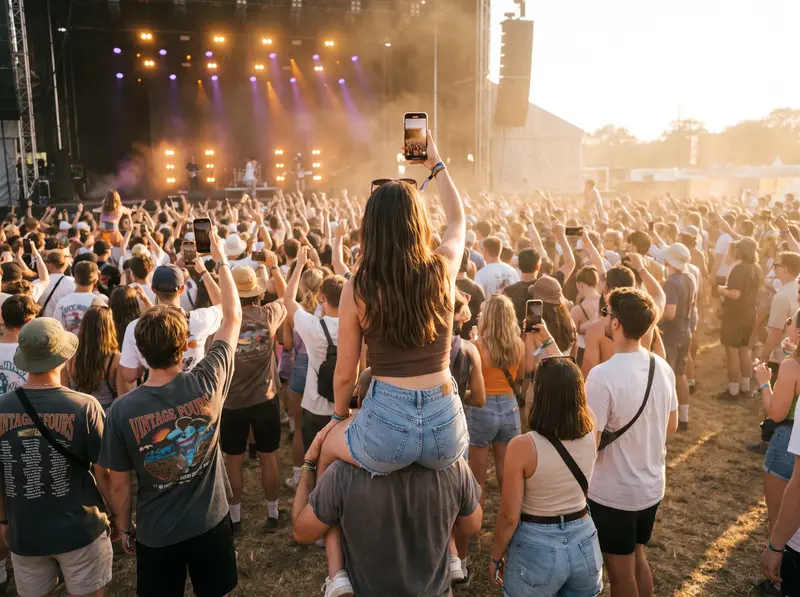 El público de un festival al atardecer levanta los teléfonos hacia el escenario