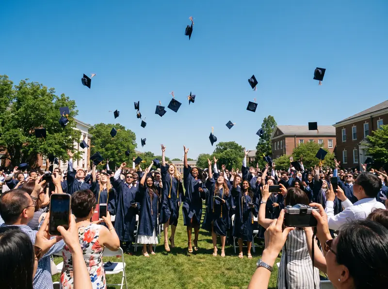 Unos graduados lanzan sus birretes al aire mientras los padres hacen fotos