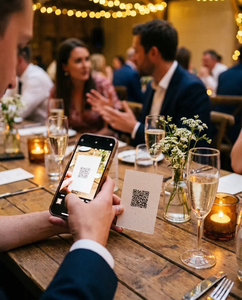 Un invitado escanea con su teléfono el código QR de una tarjeta de mesa