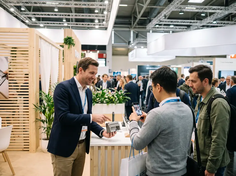 Un expositor muestra un producto a unos visitantes en el stand de una feria