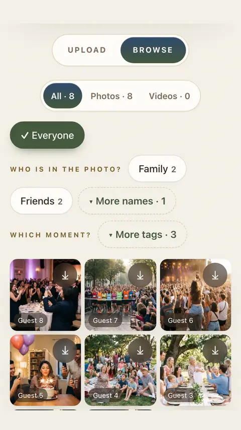 La galería en vivo en un teléfono, con filtros por persona y por momento