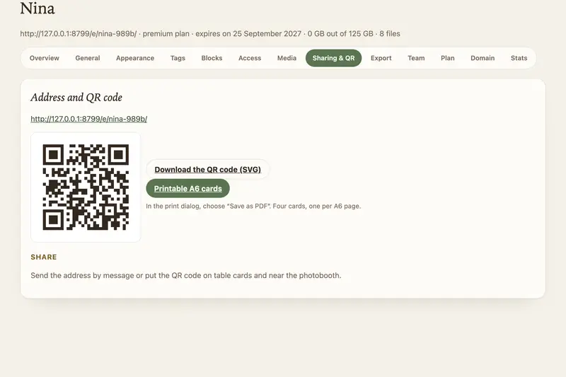 Tarjetas QR para imprimir, con los colores del evento